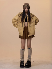 [VALENTINE SPECIAL] GKIKZ VINTAGE KHAKI EMBROIDERED DENIM JACKET