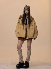 [VALENTINE SPECIAL] GKIKZ VINTAGE KHAKI EMBROIDERED DENIM JACKET