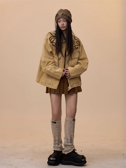 [VALENTINE SPECIAL] GKIKZ VINTAGE KHAKI EMBROIDERED DENIM JACKET