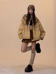 [VALENTINE SPECIAL] GKIKZ VINTAGE KHAKI EMBROIDERED DENIM JACKET