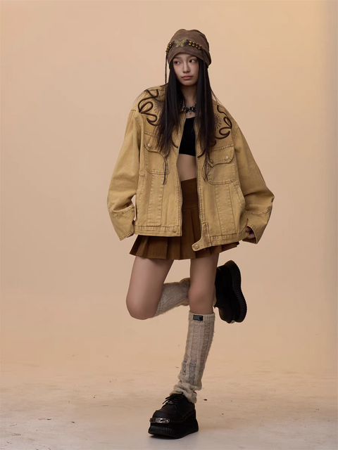 [VALENTINE SPECIAL] GKIKZ VINTAGE KHAKI EMBROIDERED DENIM JACKET