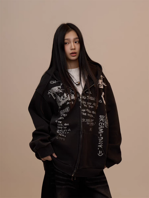 [VALENTINE SPECIAL] GKIKZ BLACK GRAFFITI PRINT OVERSIZED HOODIE