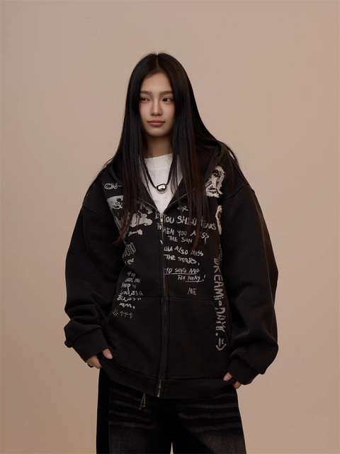 [VALENTINE SPECIAL] GKIKZ BLACK GRAFFITI PRINT OVERSIZED HOODIE