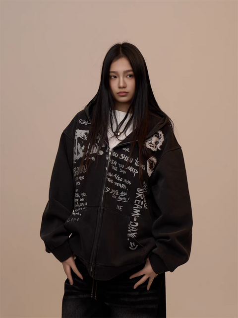 [VALENTINE SPECIAL] GKIKZ BLACK GRAFFITI PRINT OVERSIZED HOODIE