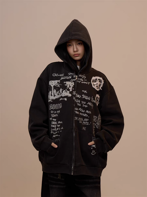[VALENTINE SPECIAL] GKIKZ BLACK GRAFFITI PRINT OVERSIZED HOODIE