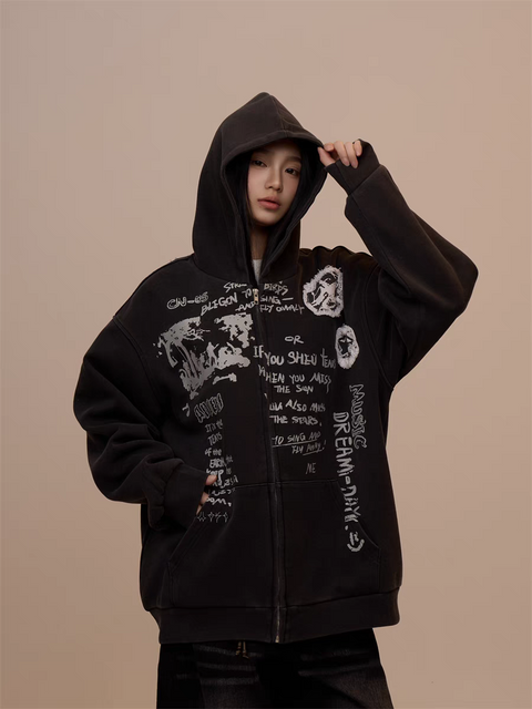 [VALENTINE SPECIAL] GKIKZ BLACK GRAFFITI PRINT OVERSIZED HOODIE