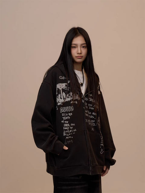 [VALENTINE SPECIAL] GKIKZ BLACK GRAFFITI PRINT OVERSIZED HOODIE