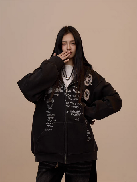 [VALENTINE SPECIAL] GKIKZ BLACK GRAFFITI PRINT OVERSIZED HOODIE