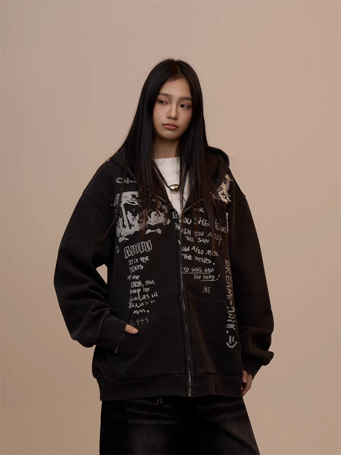 [VALENTINE SPECIAL] GKIKZ BLACK GRAFFITI PRINT OVERSIZED HOODIE