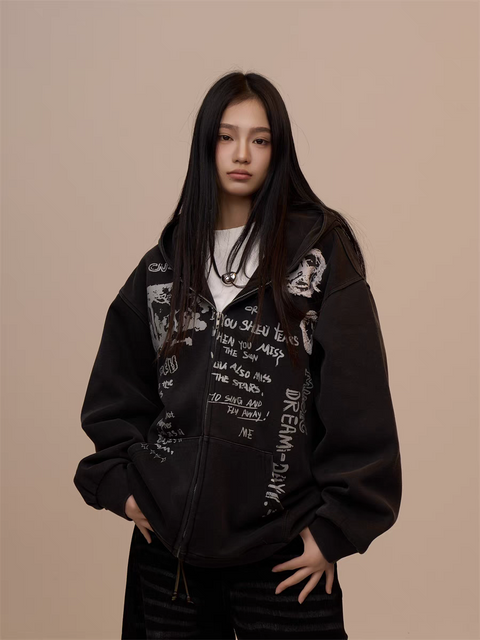 [VALENTINE SPECIAL] GKIKZ BLACK GRAFFITI PRINT OVERSIZED HOODIE