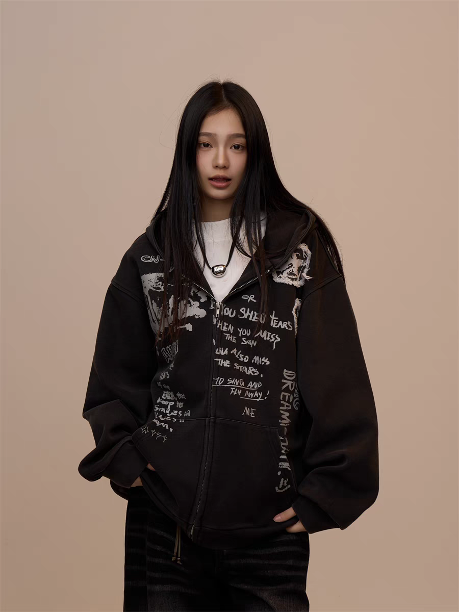 [VALENTINE SPECIAL] GKIKZ BLACK GRAFFITI PRINT OVERSIZED HOODIE