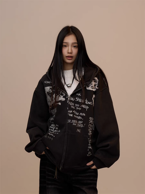 [VALENTINE SPECIAL] GKIKZ BLACK GRAFFITI PRINT OVERSIZED HOODIE