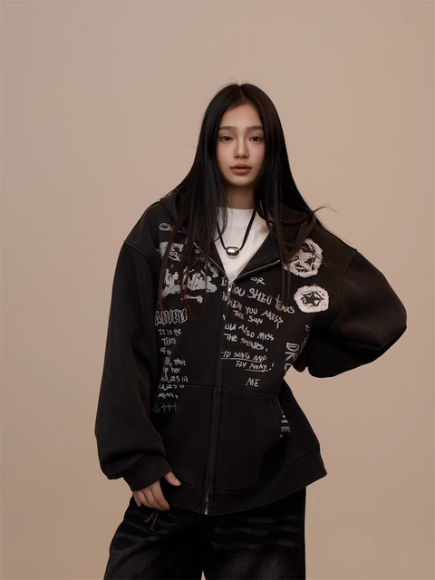 [VALENTINE SPECIAL] GKIKZ BLACK GRAFFITI PRINT OVERSIZED HOODIE