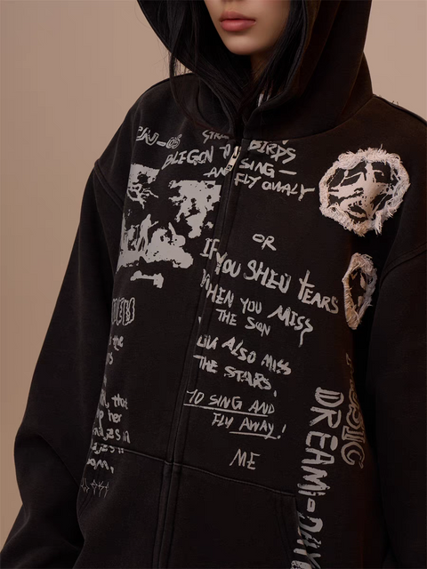 [VALENTINE SPECIAL] GKIKZ BLACK GRAFFITI PRINT OVERSIZED HOODIE