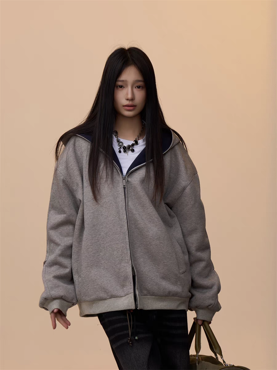 [VALENTINE SPECIAL] GKIKZ MELANGE GRAY HOODED ZIP-UP SWEATSHIRT