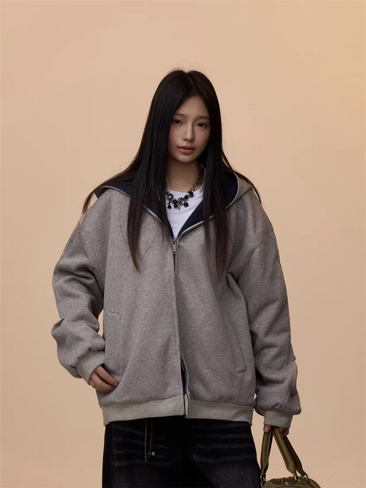 [VALENTINE SPECIAL] GKIKZ MELANGE GRAY HOODED ZIP-UP SWEATSHIRT