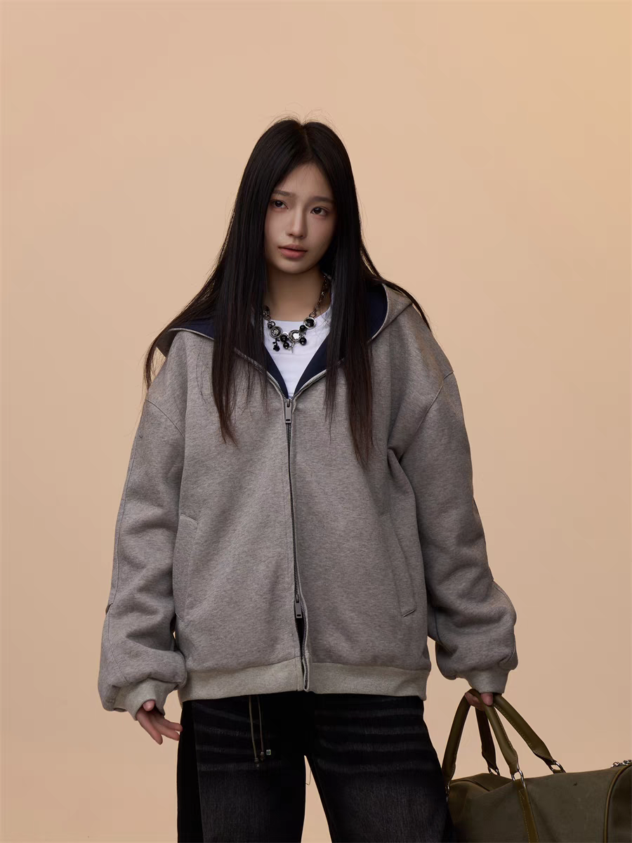 [VALENTINE SPECIAL] GKIKZ MELANGE GRAY HOODED ZIP-UP SWEATSHIRT