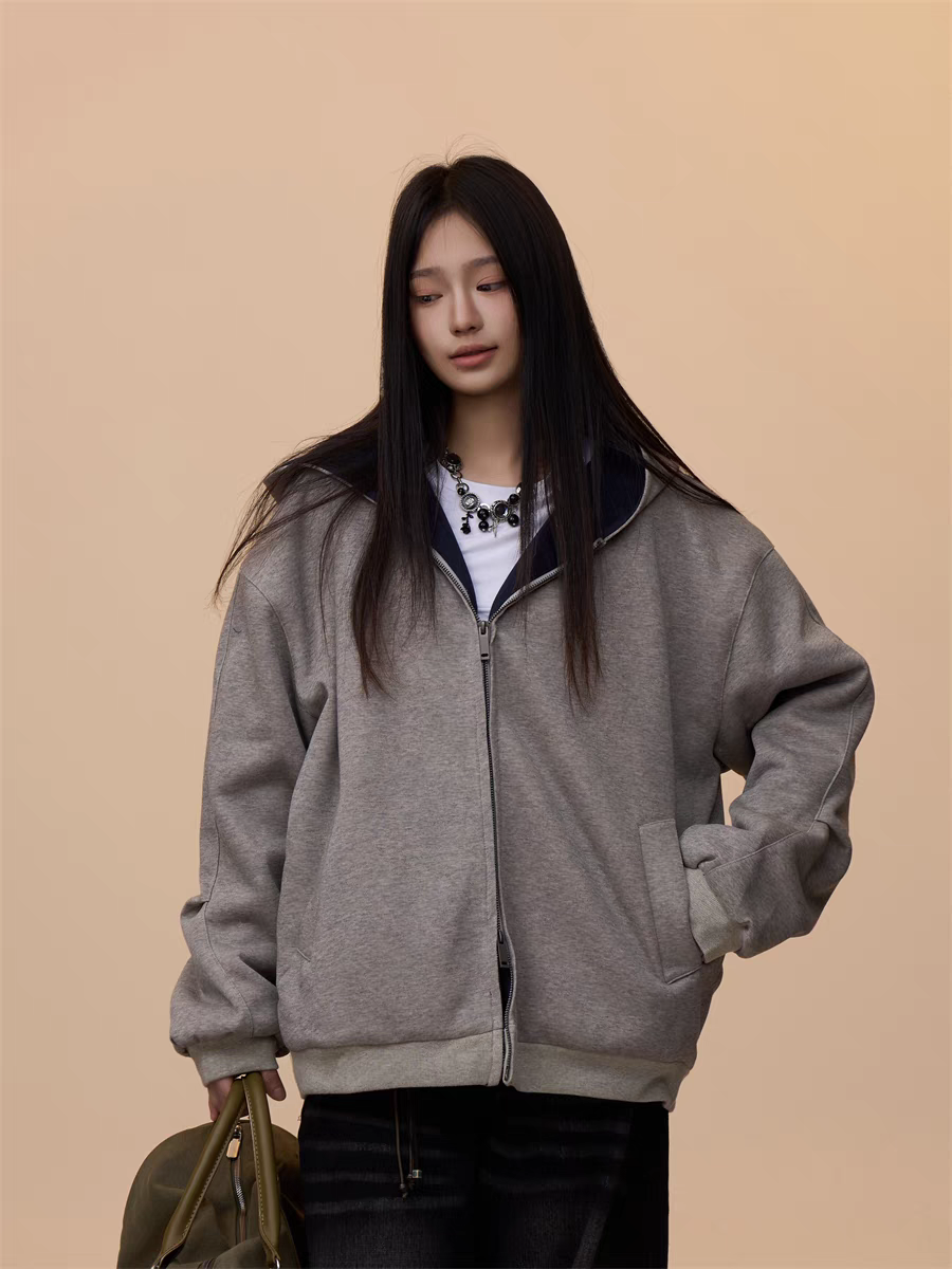[VALENTINE SPECIAL] GKIKZ MELANGE GRAY HOODED ZIP-UP SWEATSHIRT