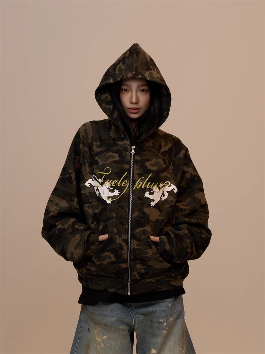 [VALENTINE SPECIAL] GKIKZ CAMOUFLAGE DRAGON PRINT ZIPPER HOODIE