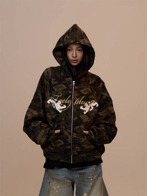 [VALENTINE SPECIAL] GKIKZ CAMOUFLAGE DRAGON PRINT ZIPPER HOODIE
