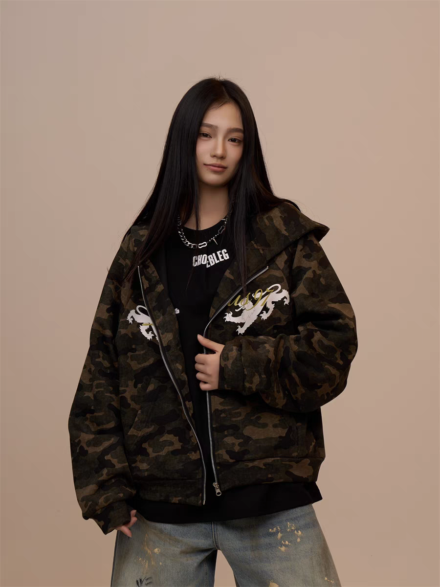 [VALENTINE SPECIAL] GKIKZ CAMOUFLAGE DRAGON PRINT ZIPPER HOODIE