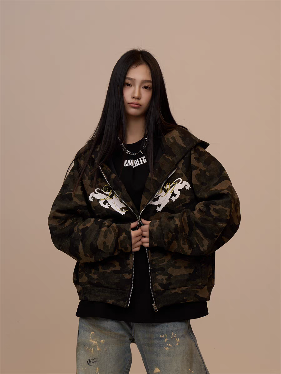 [VALENTINE SPECIAL] GKIKZ CAMOUFLAGE DRAGON PRINT ZIPPER HOODIE