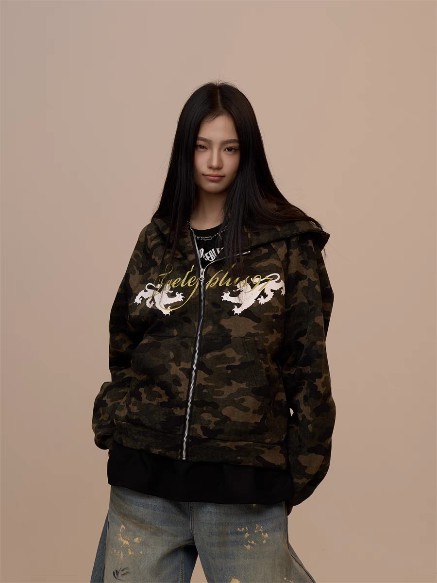 [VALENTINE SPECIAL] GKIKZ CAMOUFLAGE DRAGON PRINT ZIPPER HOODIE