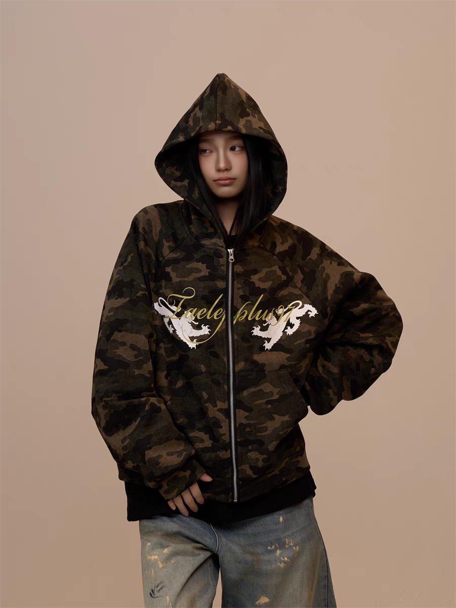 [VALENTINE SPECIAL] GKIKZ CAMOUFLAGE DRAGON PRINT ZIPPER HOODIE