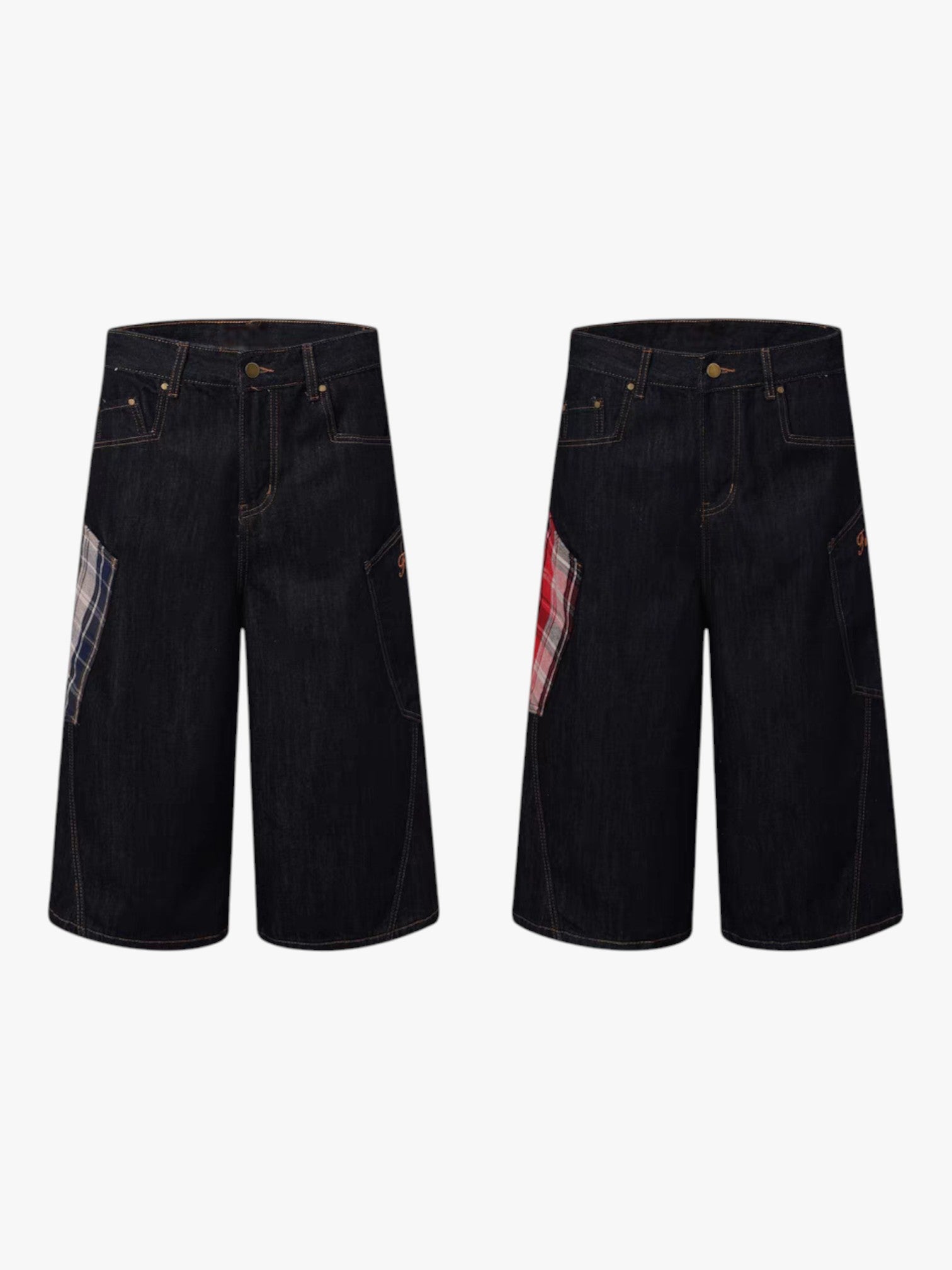 GKIKZ PLAID PATCHWORK WIDE-LEG DENIM SHORTS