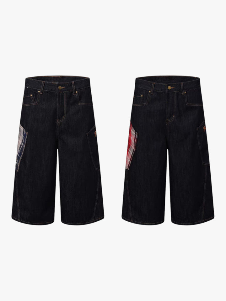 GKIKZ PLAID PATCHWORK WIDE-LEG DENIM SHORTS