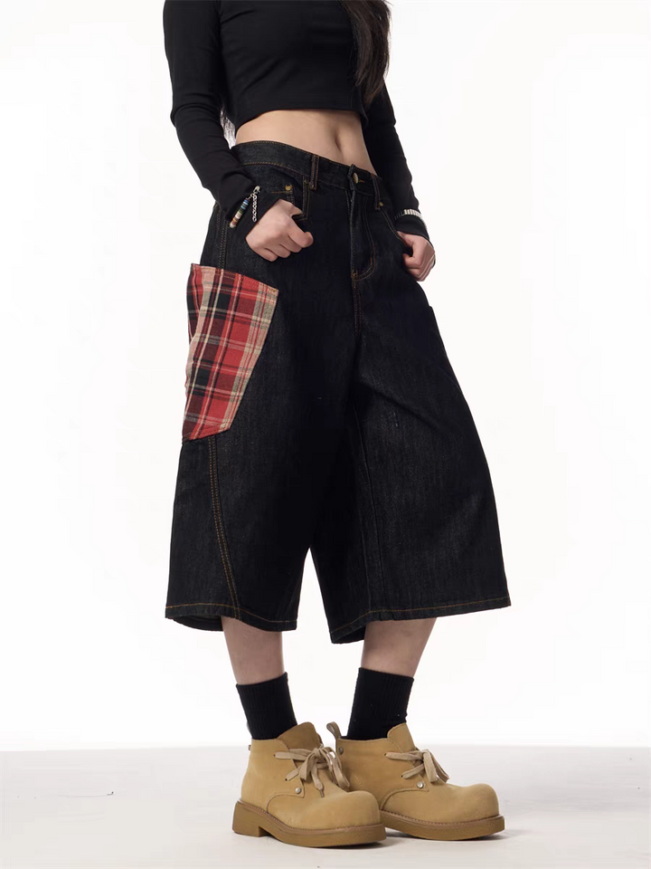 GKIKZ PLAID PATCHWORK WIDE-LEG DENIM SHORTS