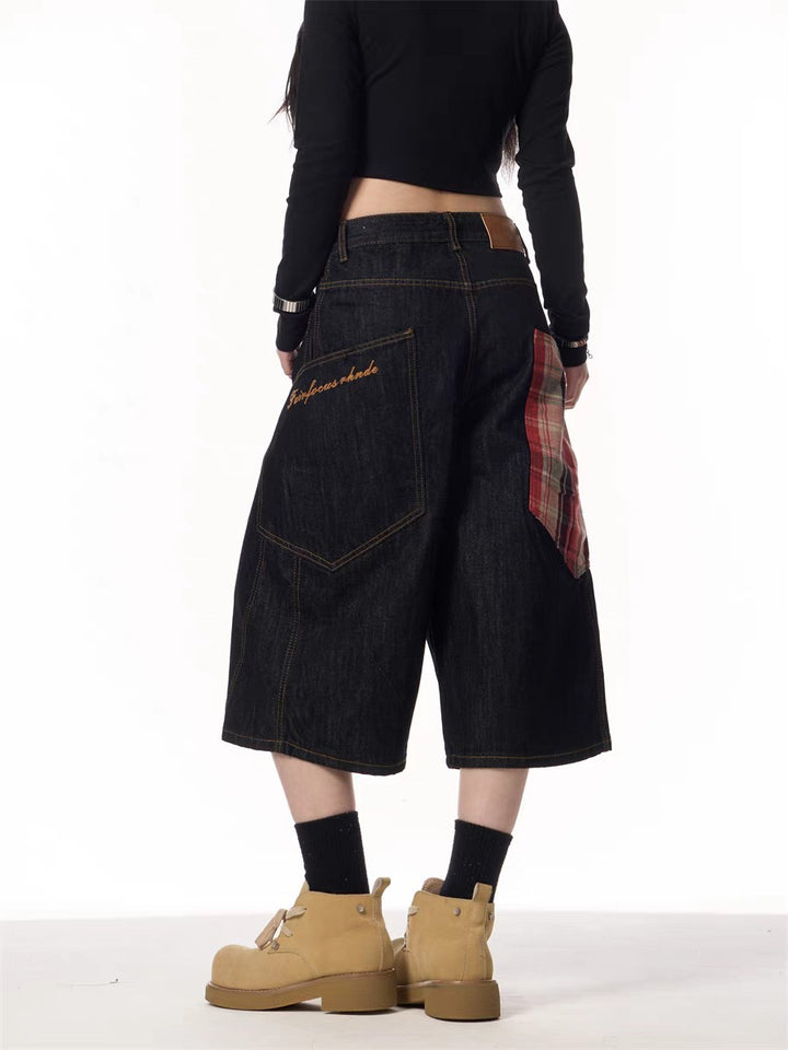 GKIKZ PLAID PATCHWORK WIDE-LEG DENIM SHORTS