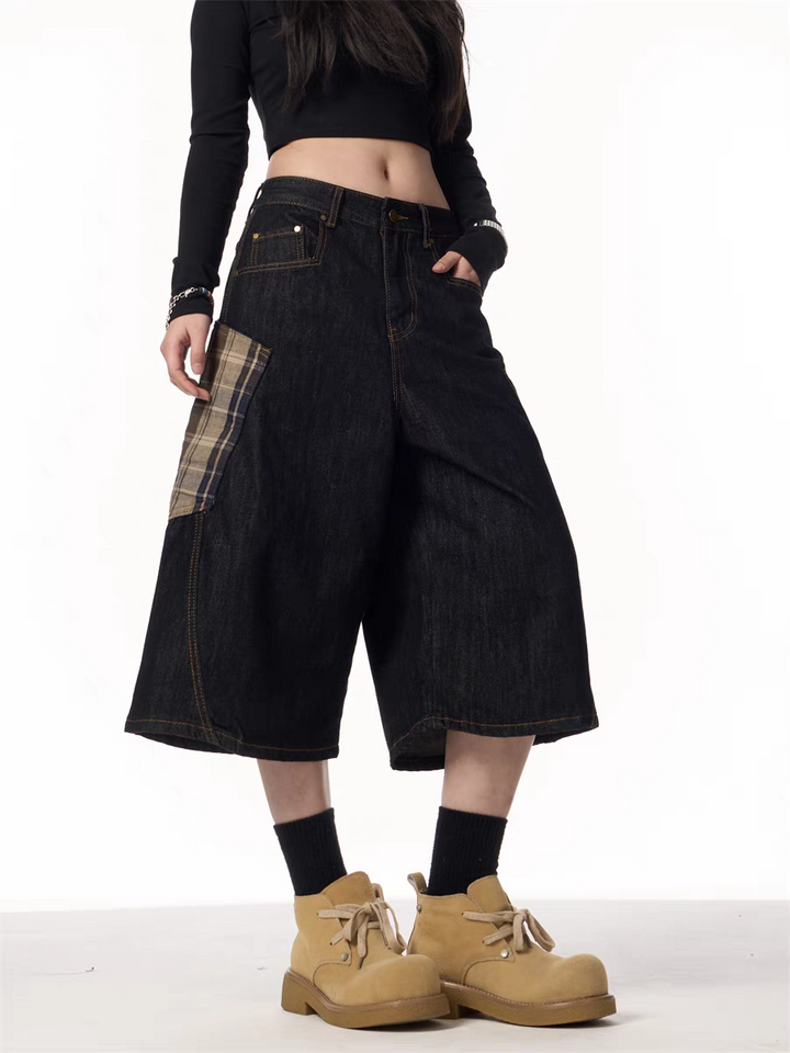 GKIKZ PLAID PATCHWORK WIDE-LEG DENIM SHORTS