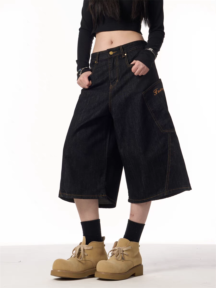 GKIKZ PLAID PATCHWORK WIDE-LEG DENIM SHORTS