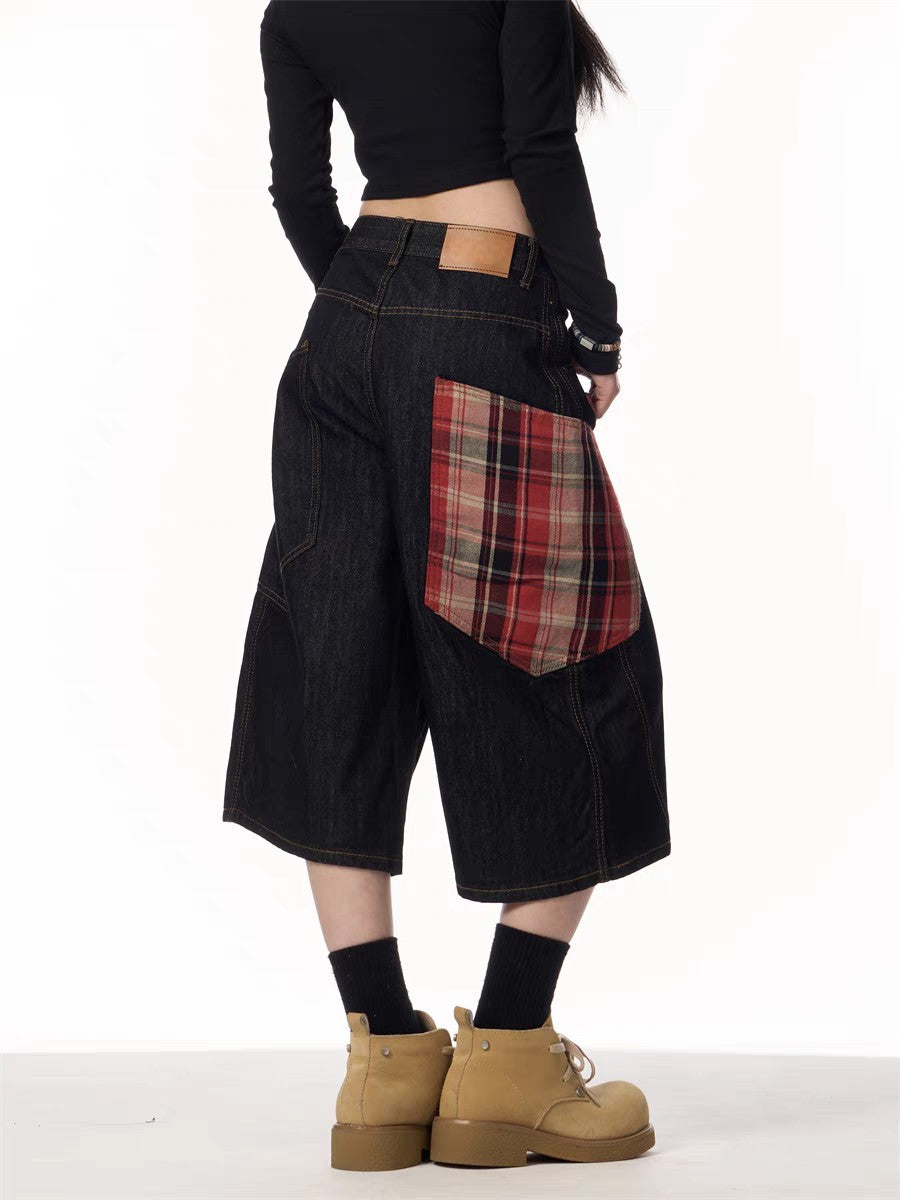 GKIKZ PLAID PATCHWORK WIDE-LEG DENIM SHORTS