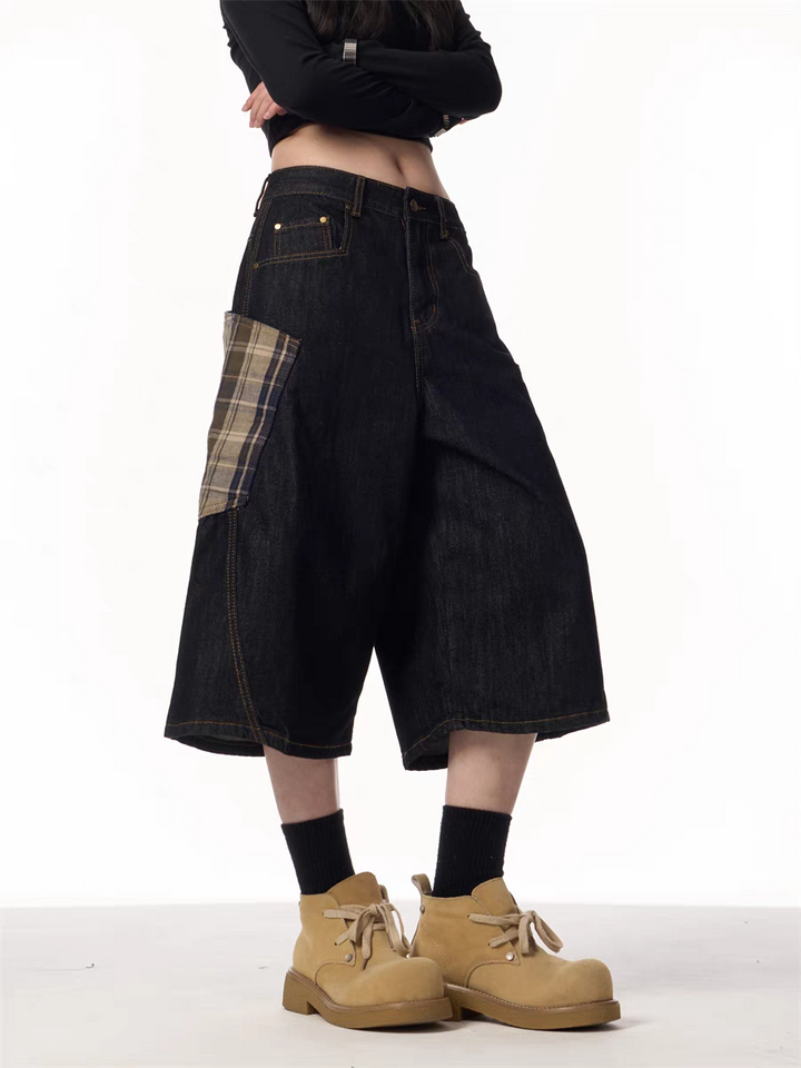 GKIKZ PLAID PATCHWORK WIDE-LEG DENIM SHORTS