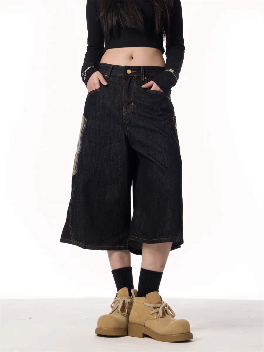 GKIKZ PLAID PATCHWORK WIDE-LEG DENIM SHORTS