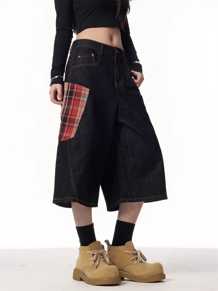 GKIKZ PLAID PATCHWORK WIDE-LEG DENIM SHORTS