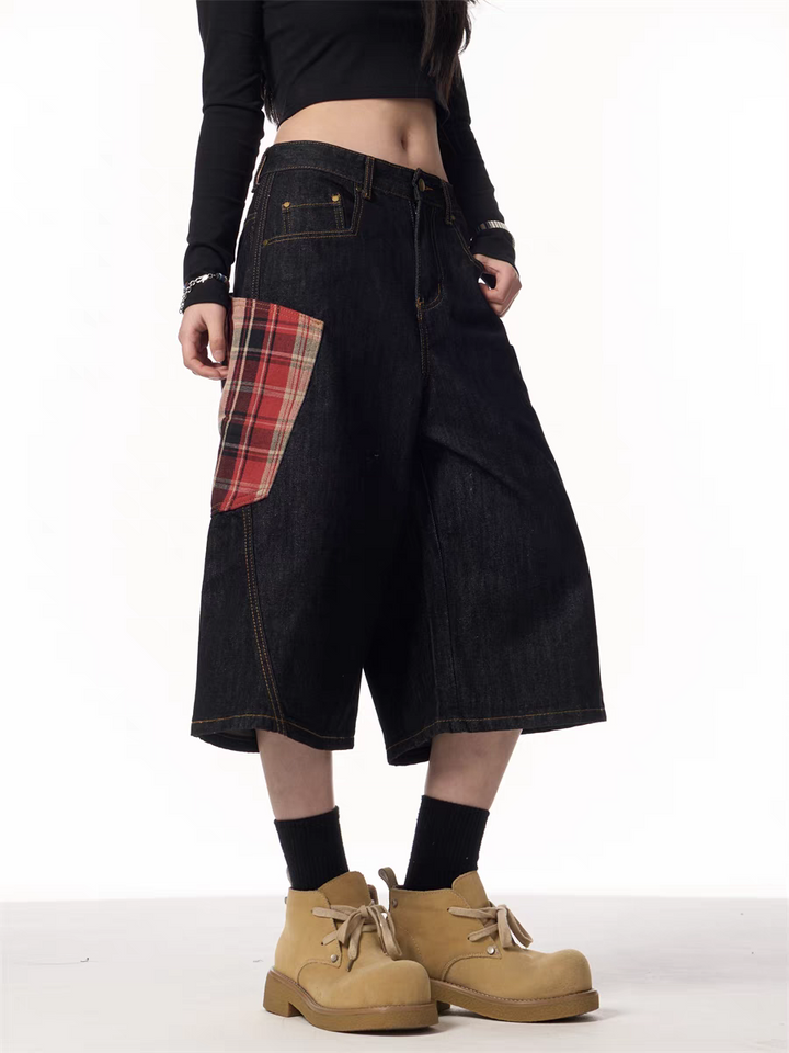 GKIKZ PLAID PATCHWORK WIDE-LEG DENIM SHORTS