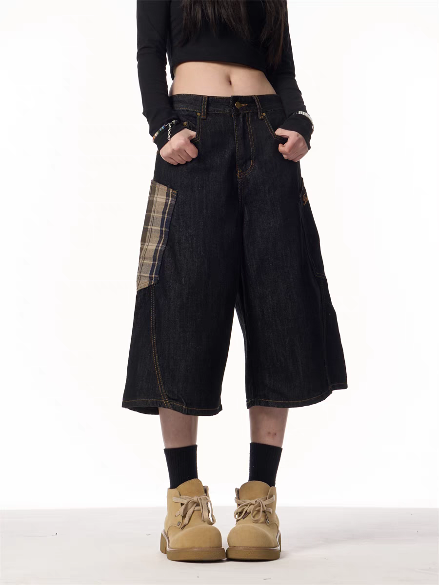 GKIKZ PLAID PATCHWORK WIDE-LEG DENIM SHORTS