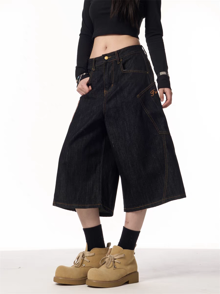 GKIKZ PLAID PATCHWORK WIDE-LEG DENIM SHORTS