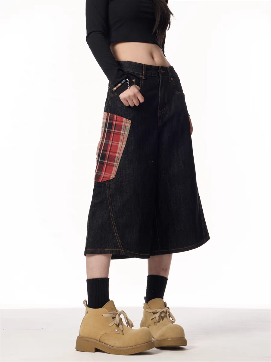 GKIKZ PLAID PATCHWORK WIDE-LEG DENIM SHORTS