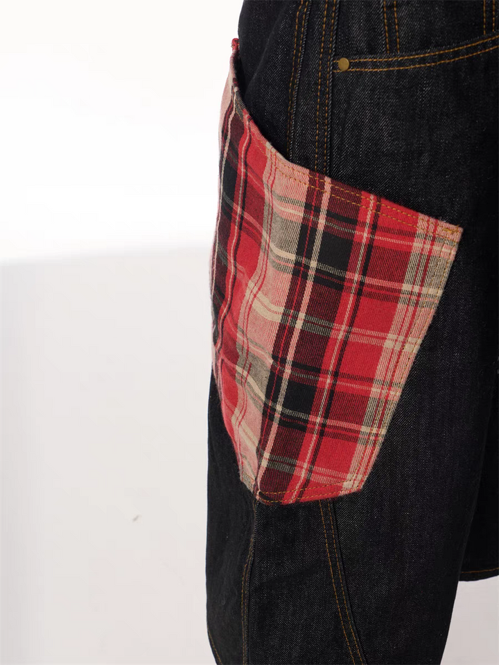 GKIKZ PLAID PATCHWORK WIDE-LEG DENIM SHORTS