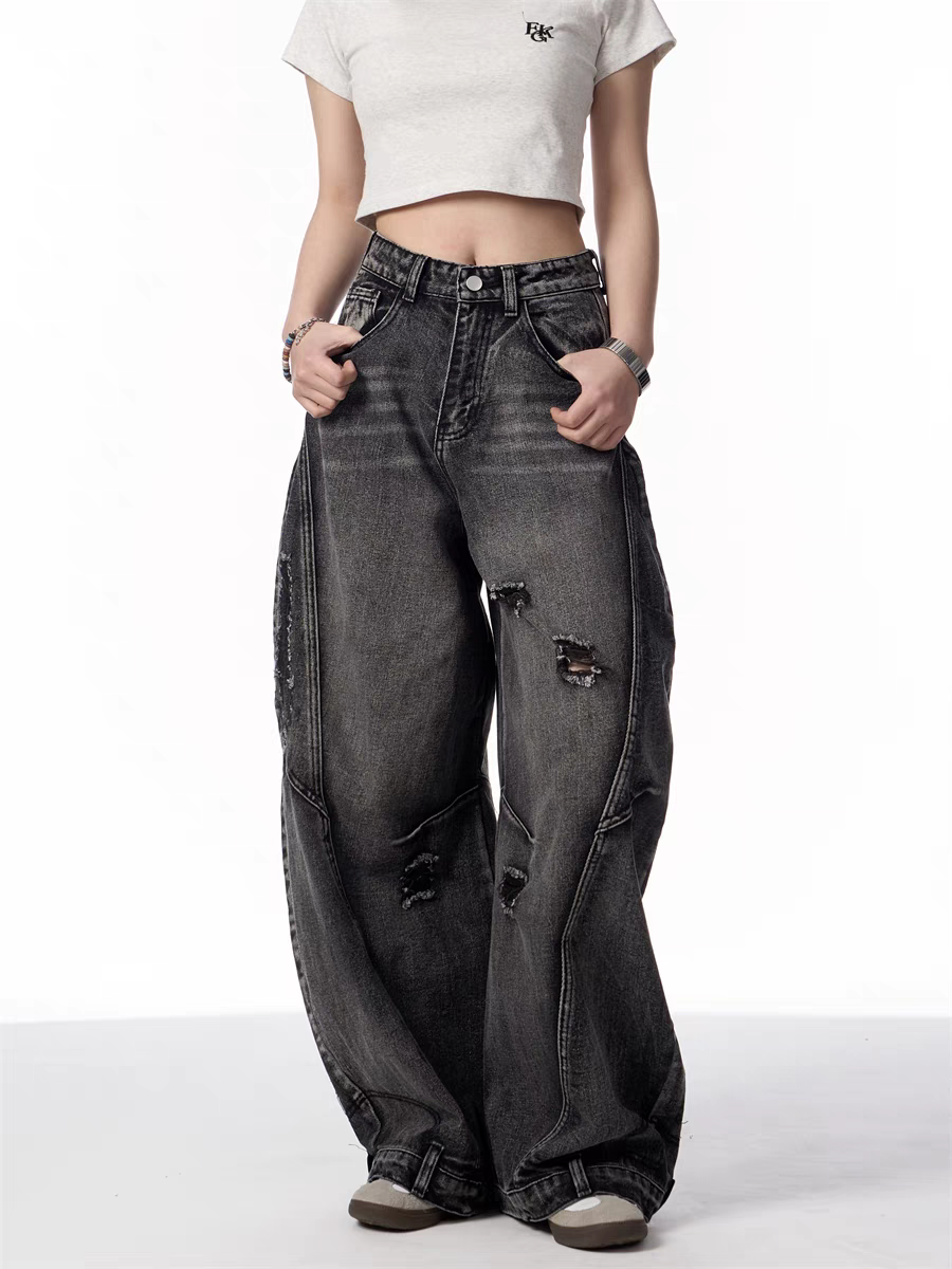 GKIKZ DISTRESSED WIDE-LEG BANANA JEANS