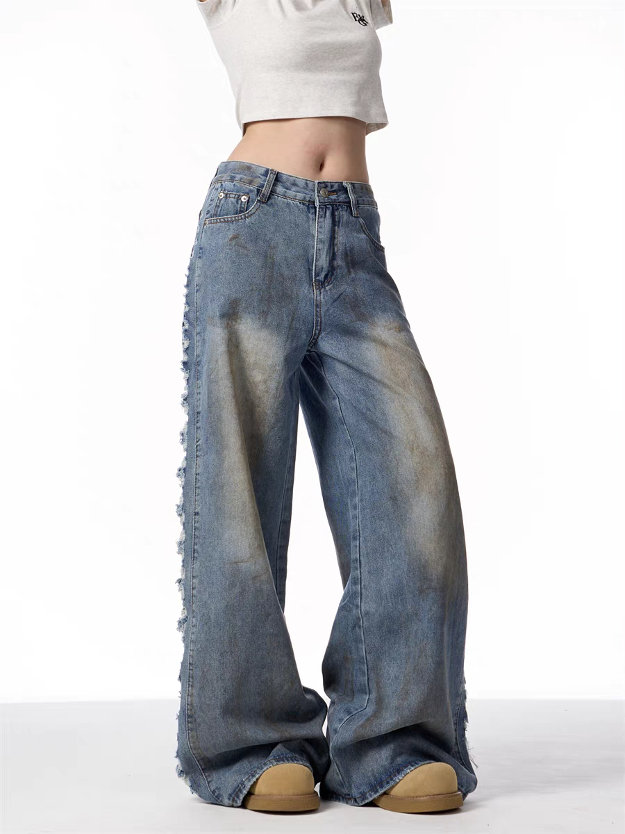GKIKZ DISTRESSED WIDE-LEG DENIM JEANS