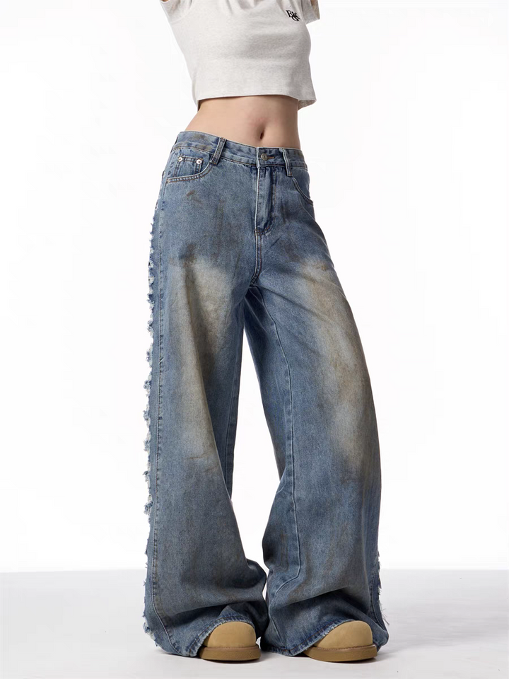 GKIKZ DISTRESSED WIDE-LEG DENIM JEANS