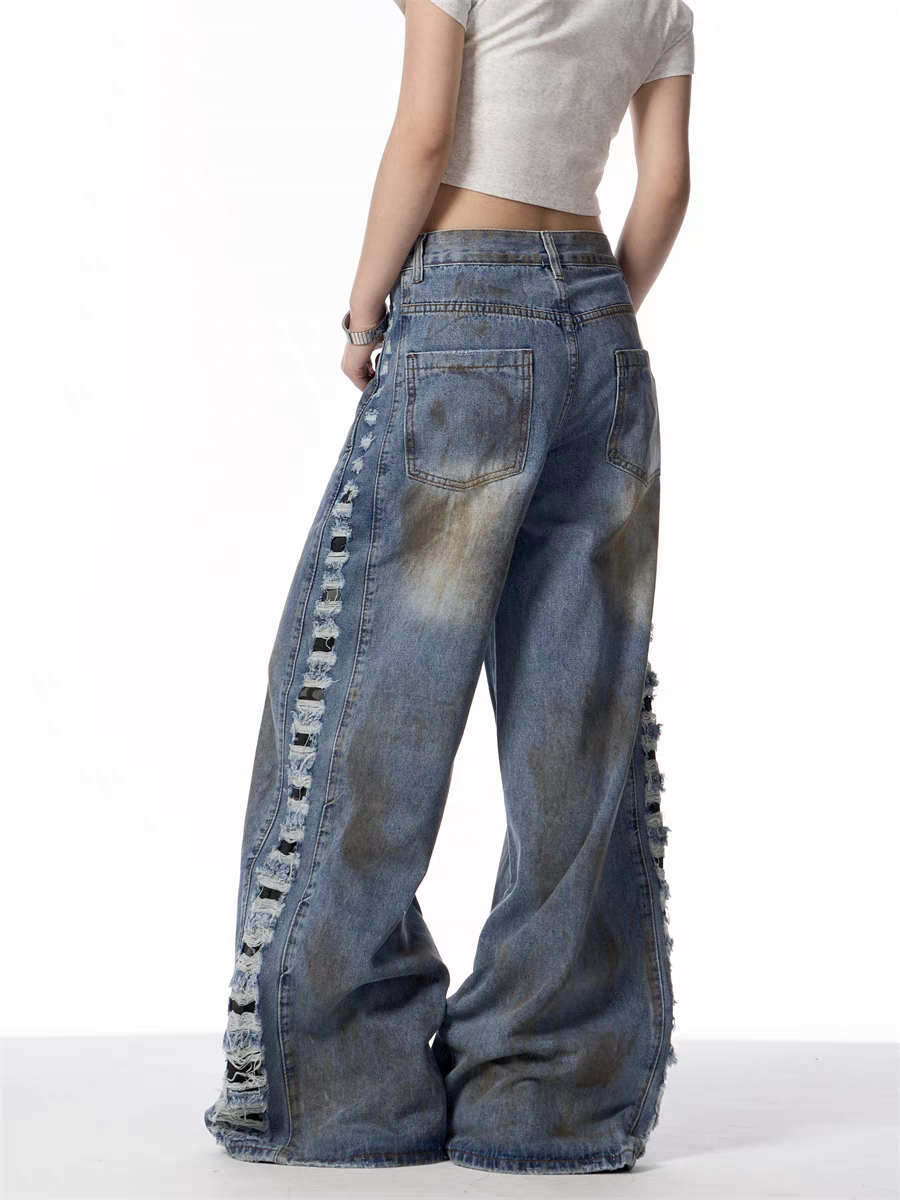 GKIKZ DISTRESSED WIDE-LEG DENIM JEANS