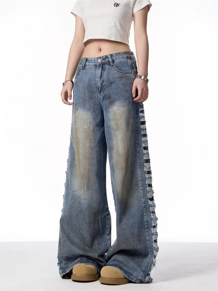 GKIKZ DISTRESSED WIDE-LEG DENIM JEANS