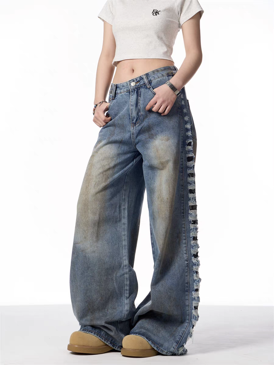 GKIKZ DISTRESSED WIDE-LEG DENIM JEANS