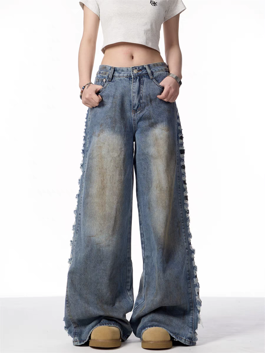 Distressed Wide-Leg Denim Jeans